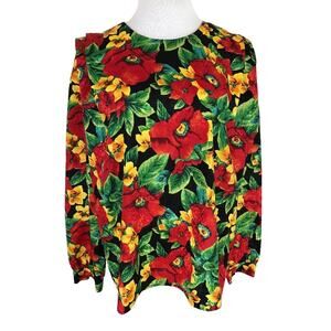 Camille Claudel Satin Career Blouse Floral Round Jewel Neck Long Sleeves Sz 14